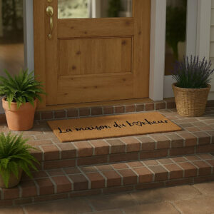 Natural La Maison du Bonheur coir doormat at a wood front door on brick porch steps with potted plants