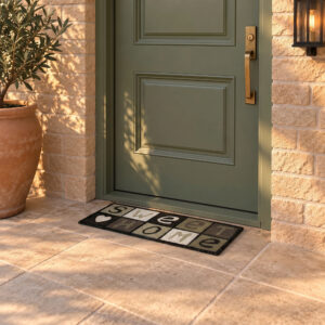 Black Sweet Home coir doormat in front of a green front door on a covered tile porch