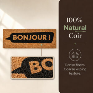 Close-up of the Bonjour coir mat print showing dense natural coconut fibers and the black speech bubble