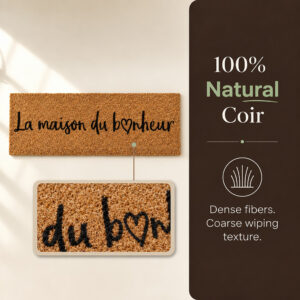 Close-up of natural coconut coir fibers and heart print on the La Maison du Bonheur door mat