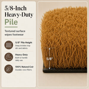 Side view of 5/8 inch coir pile on a heavy-duty narrow door mat with black backing