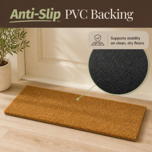 Long coir entrance mat inside a front door with close-up of black anti-slip PVC backing