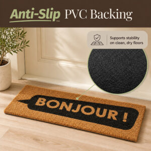 Anti-slip black PVC backing on the Bonjour 30x10 natural coir door mat