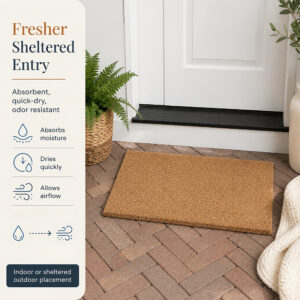 Coir entryway doormat on brick floor of sheltered porch by white door