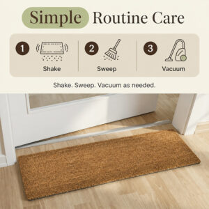 Care guide for coir door mat: shake, sweep, vacuum as needed, shown on slim mat at interior doorway