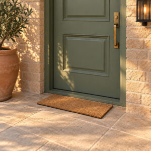 Natural coir welcome mat 30 x 10 at green front door on a sunny covered stone porch with potted olive tree
