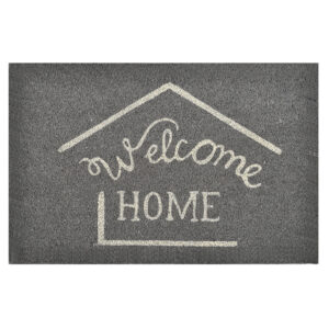 gray coir door mat with welcome home print on white background