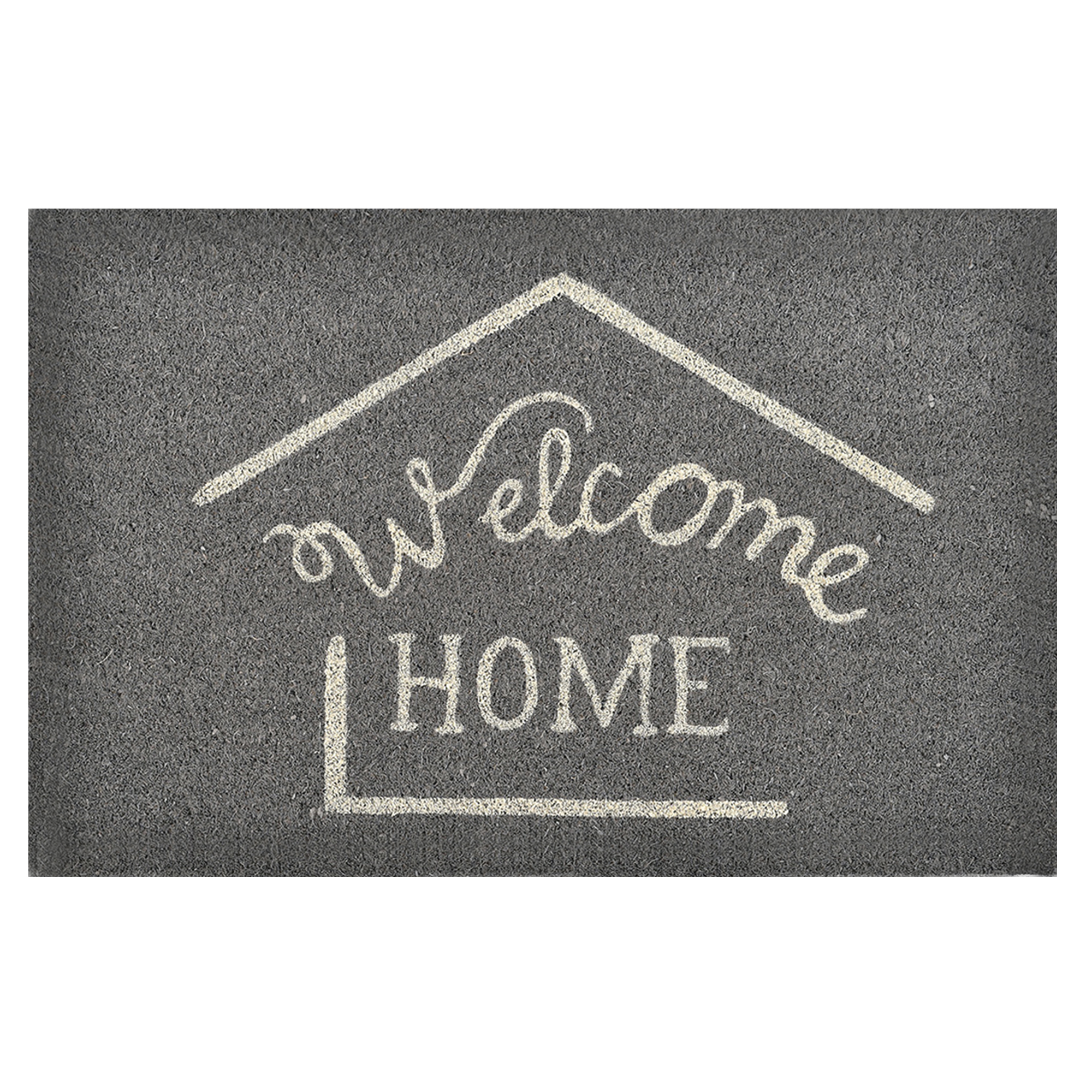 gray coir door mat with welcome home print on white background