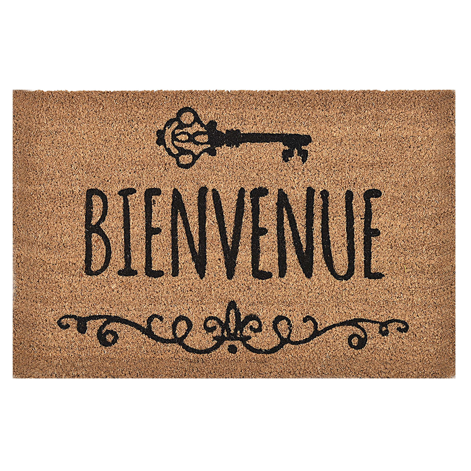 natural coir door mat with bienvenue print on white background