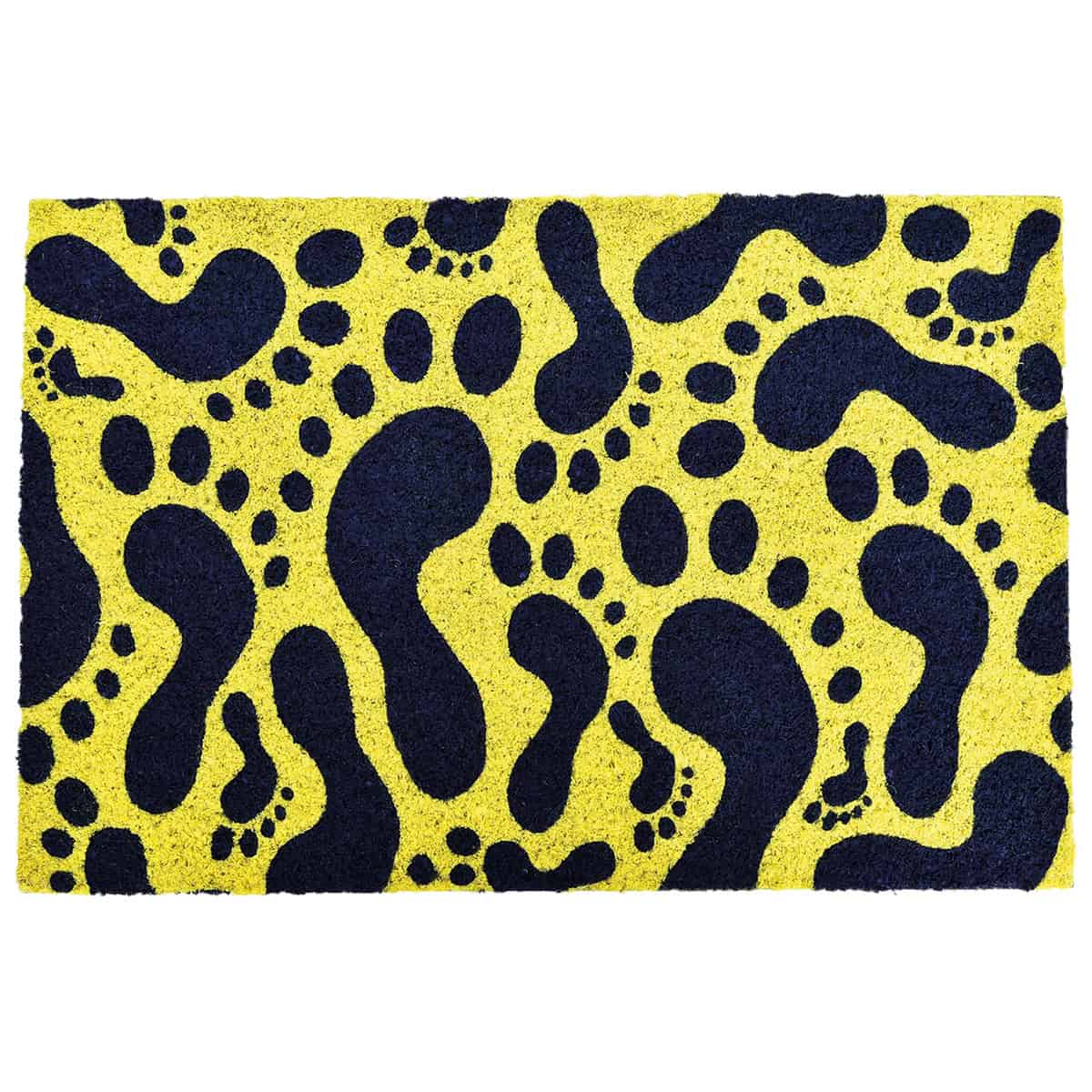 yellow and black coir front door mat with footprints print on white background