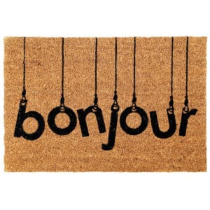 coco doormat with bonjour print on white background