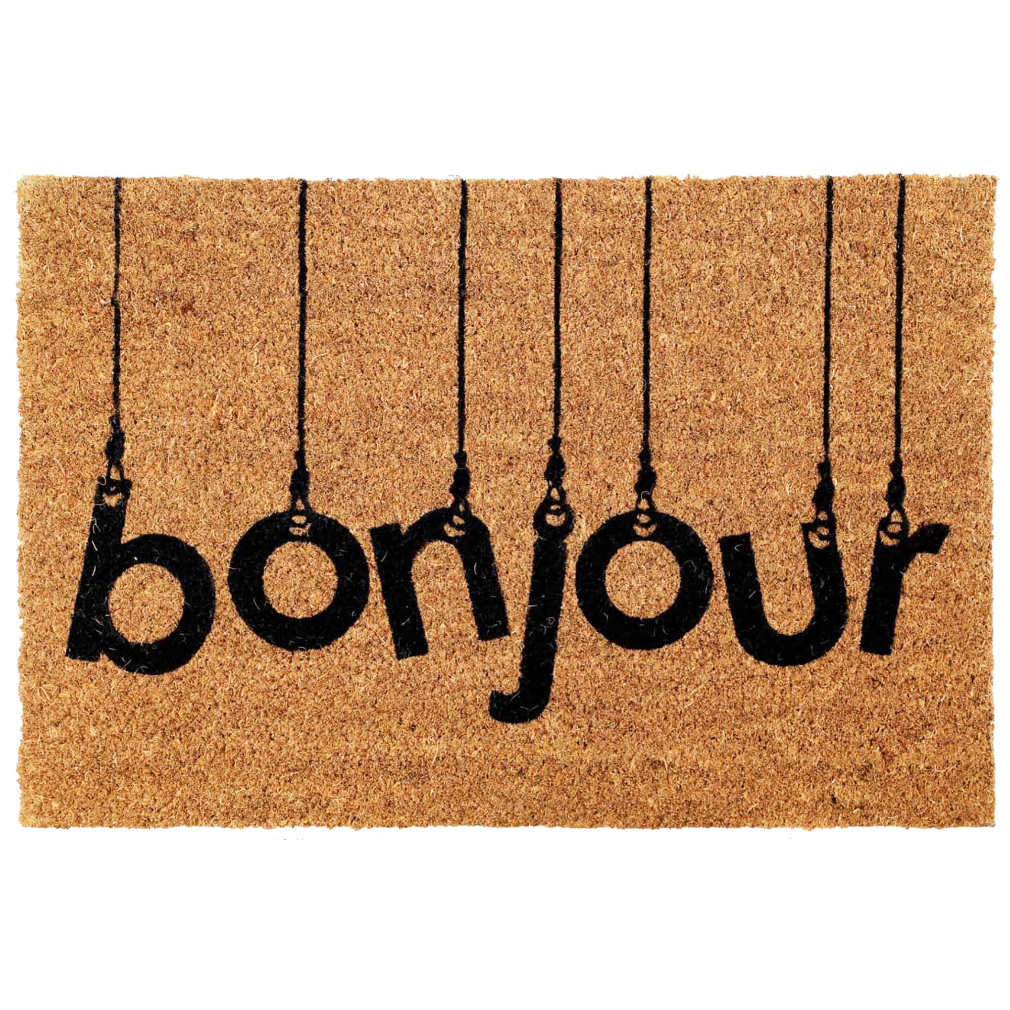 coco doormat with bonjour print on white background