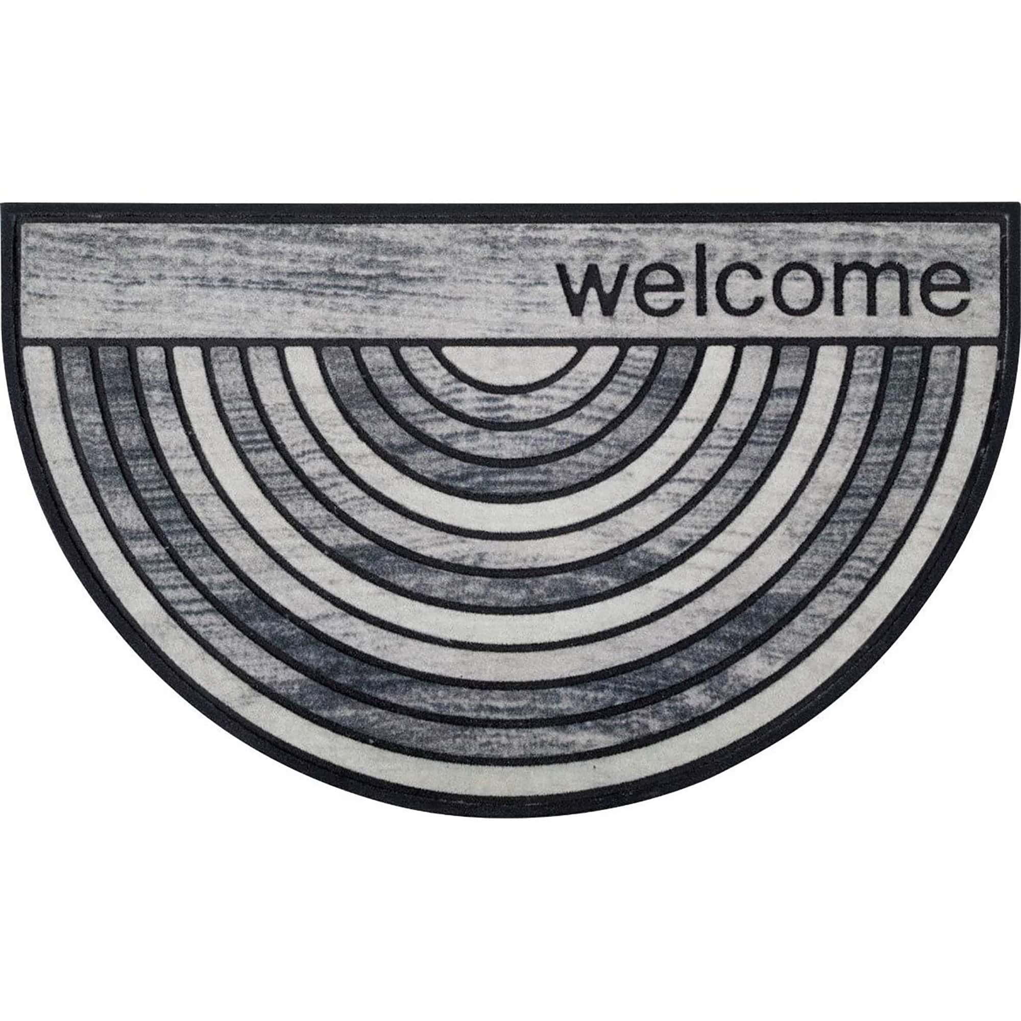 Welcome mat with an arched line design in shades of gray, perfect for modern indoor and outdoor spaces.