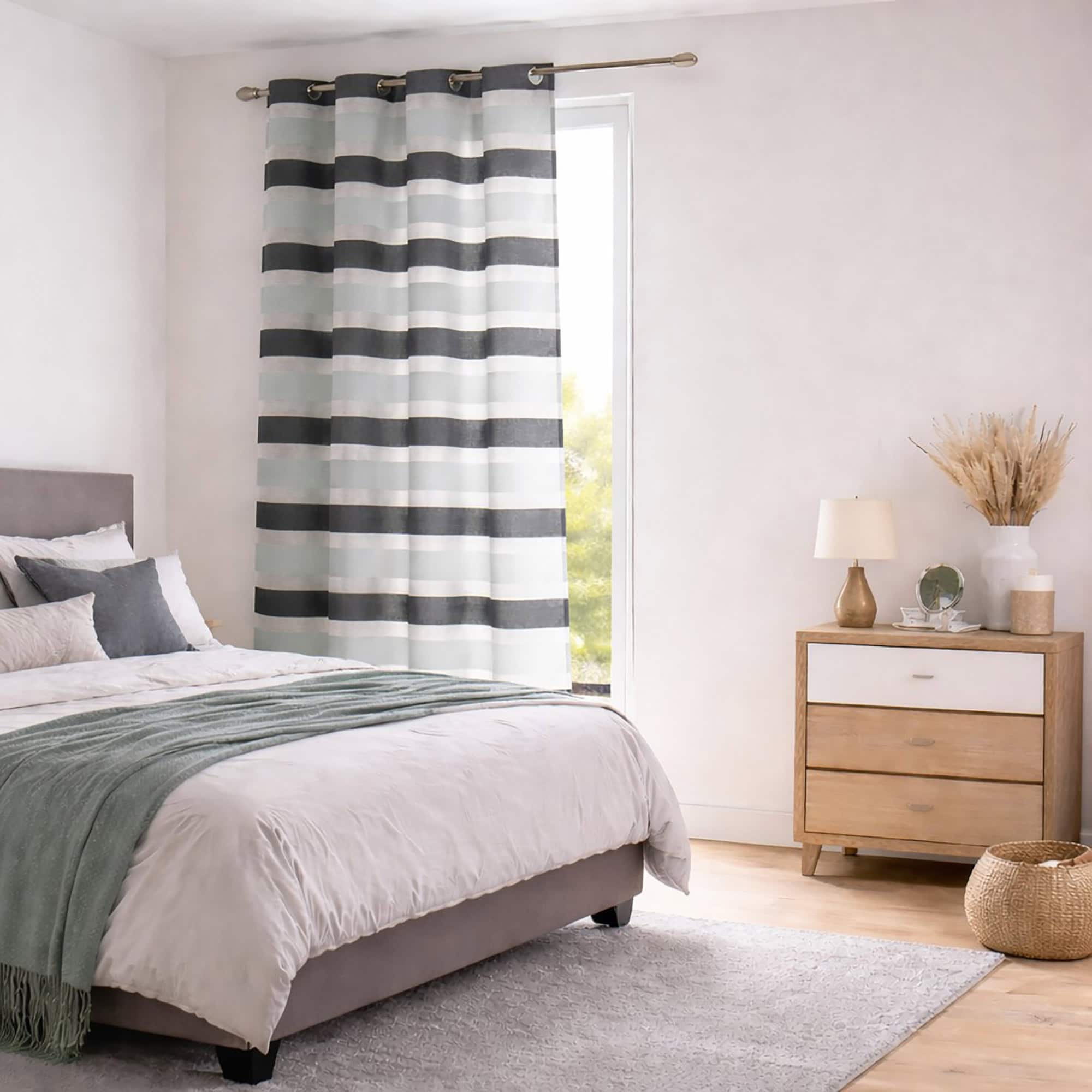 Striped Sheer Curtain Panel - Black and Blue Gray, Light-Filtering Drape for Modern Home Décor, 95 x 55 Inches