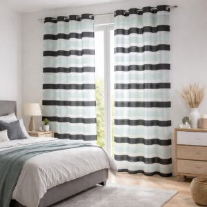 Set of 2 Striped Sheer Curtain Panels - Black and Blue Gray, Light-Filtering Drapes for Modern Home Décor, 95 x 55 Inches