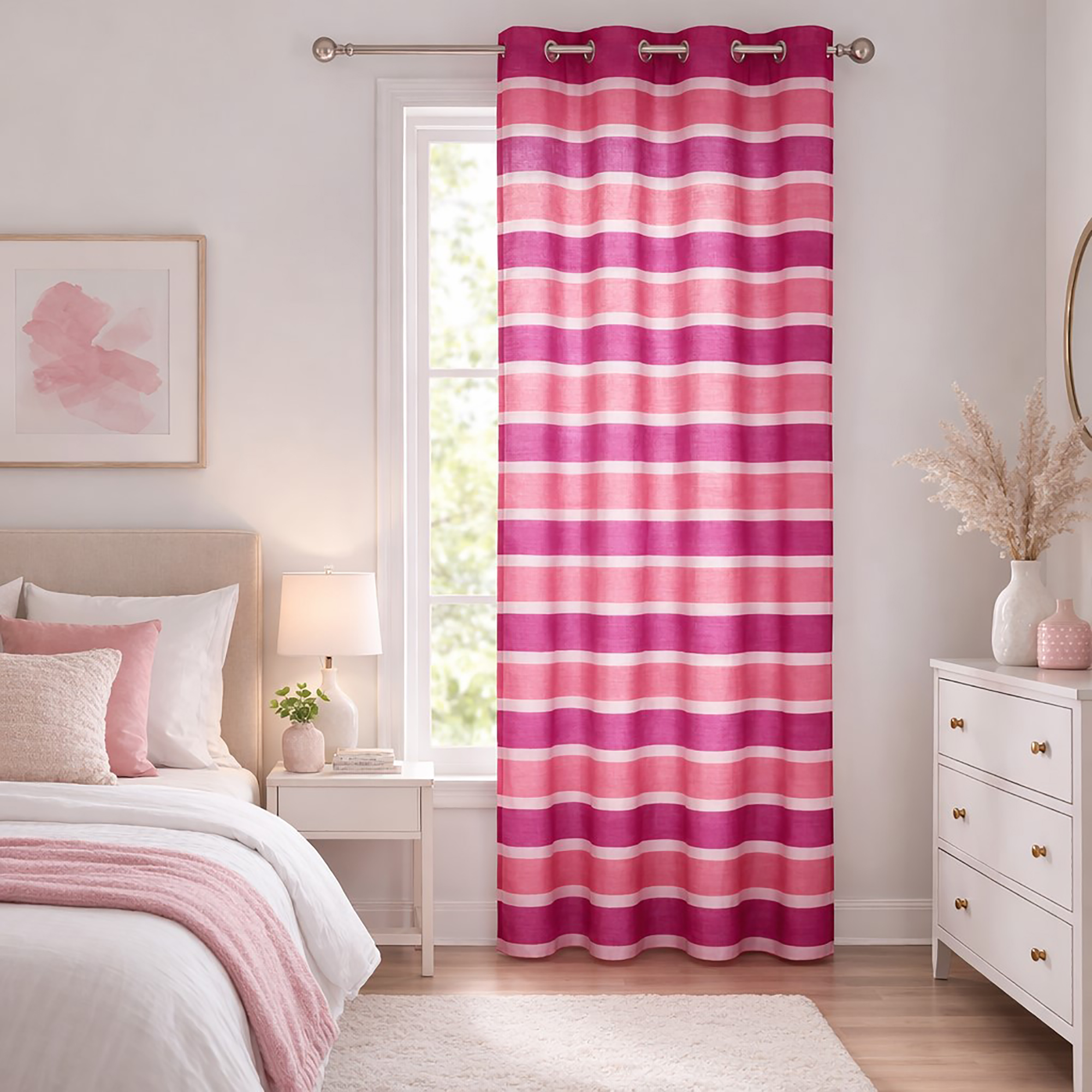 Striped Sheer Curtain Panel - Bright Pink and Fuchsia, Light-Filtering Drape for Modern Home Décor, 95 x 55 Inches