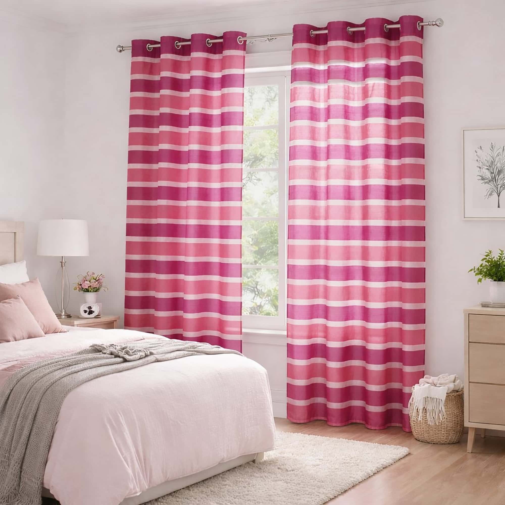 Set of 2 Striped Sheer Curtain Panels - Bright Pink and Fuchsia, Light-Filtering Drapes for Modern Home Décor, 95 x 55 Inches