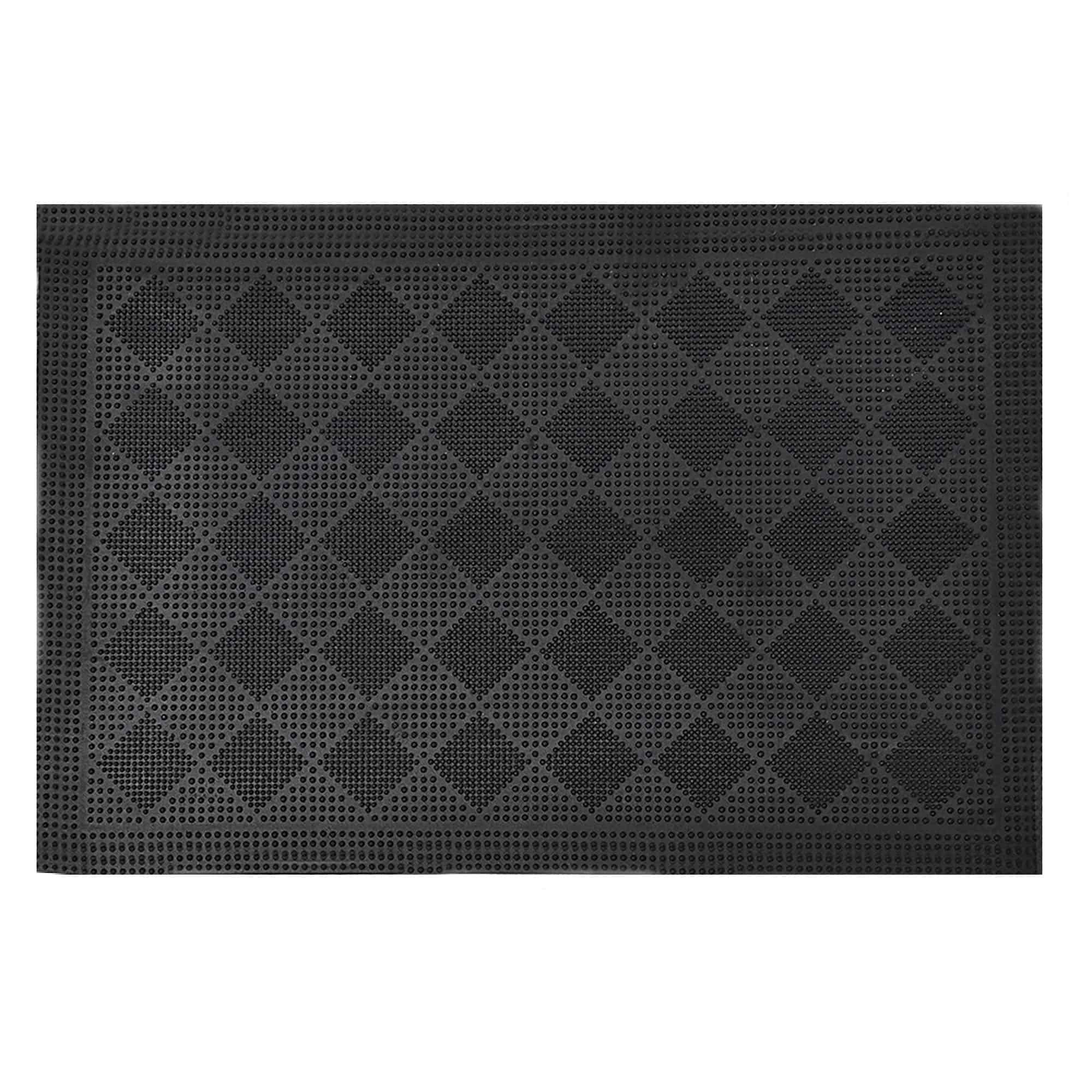 Durable black checkerboard rubber door mat on white background