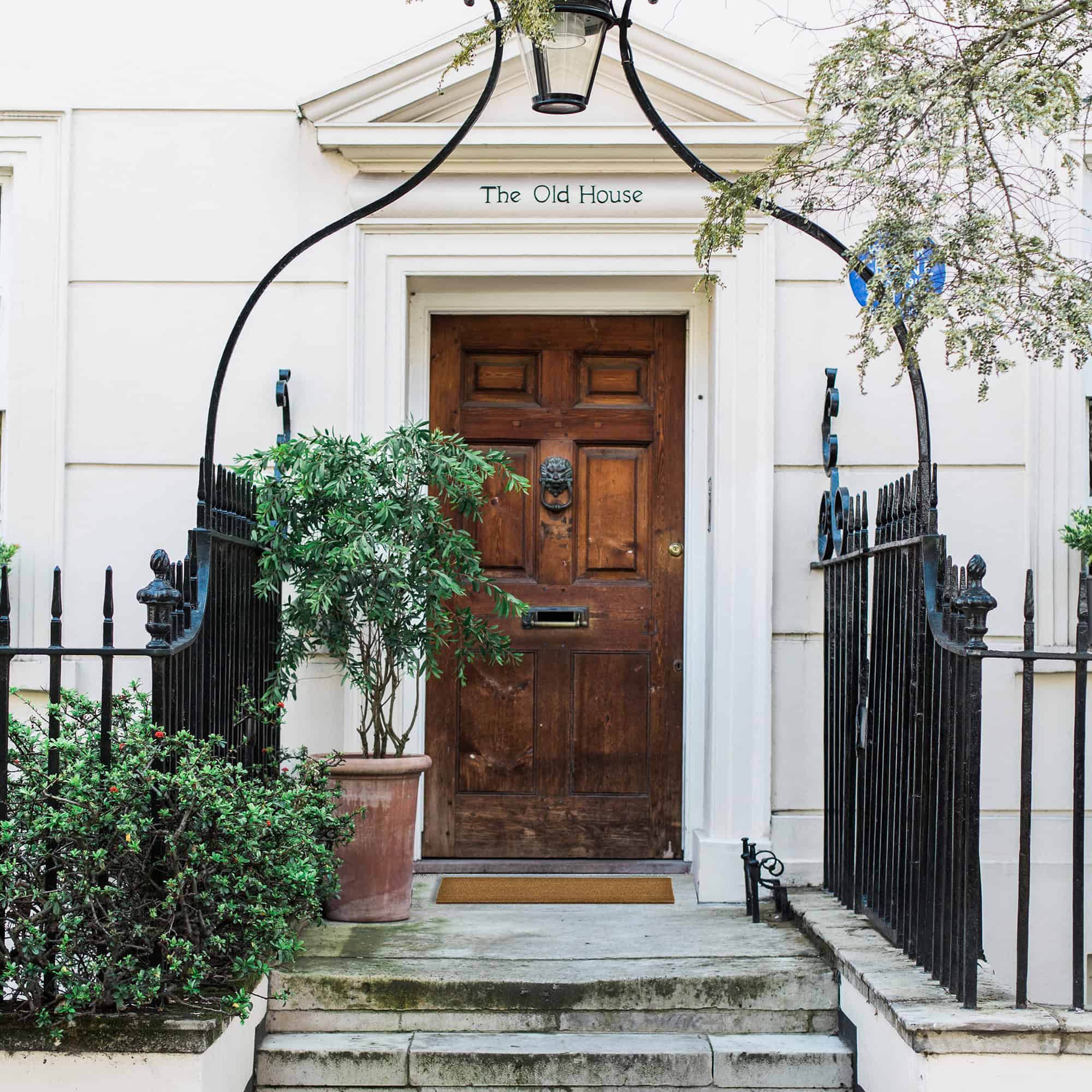 Front entrance of a house with a wooden door and potted plants
