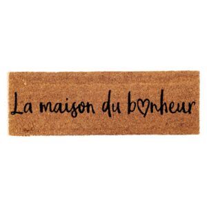 narrow coir mat with la maison du bonheur print on white background