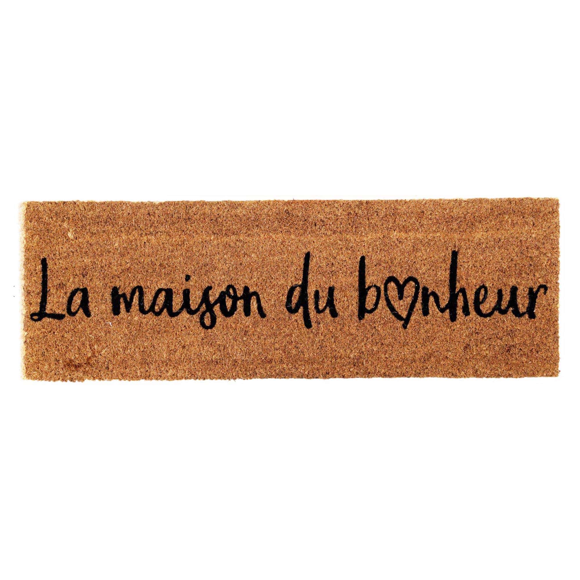 narrow coir mat with la maison du bonheur print on white background