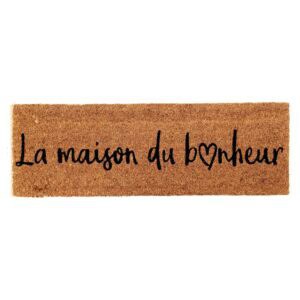 Coir doormat with “La maison du bonheur” text on white background