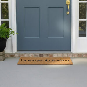 La maison du bonheur doormat at blue front door entrance