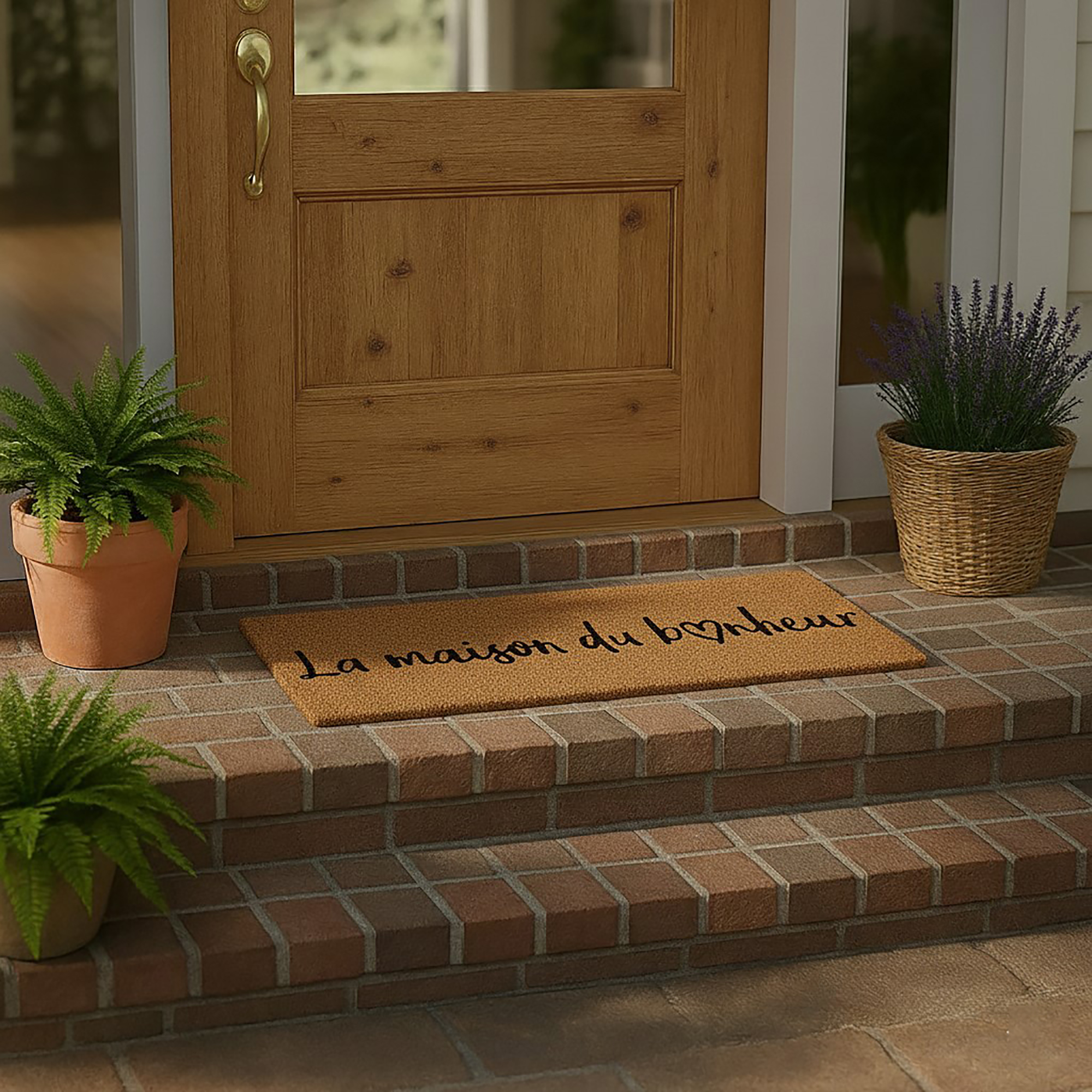 La maison du bonheur coir mat on brick doorstep with wooden door