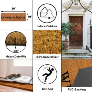 Doormat infographic showing size, coir pile, PVC backing, indoor outdoor use