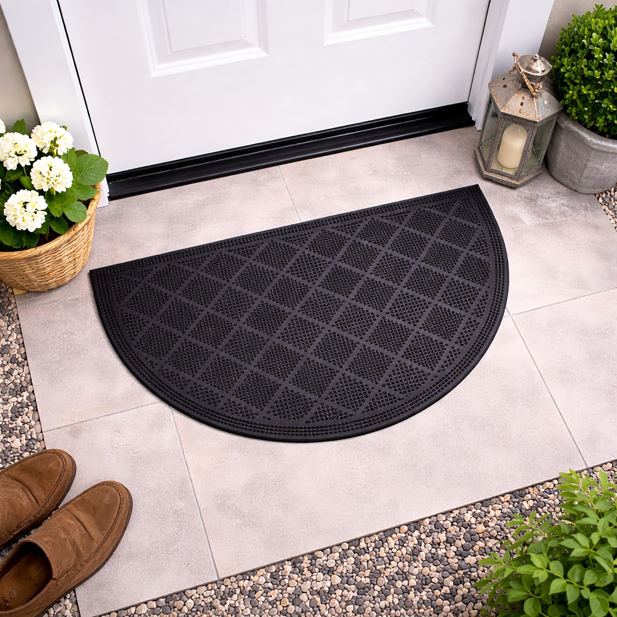 Half round black rubber doormat checkerboard pattern front view