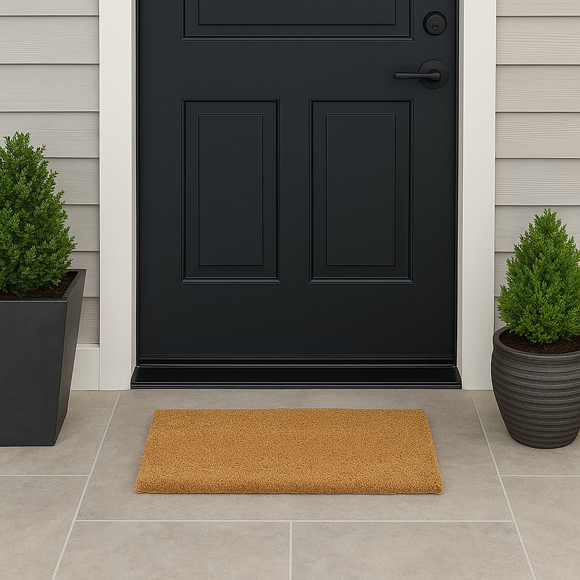 “Coir doormat 24x13 placed at modern black front door entry”