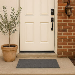 “Grey coir doormat placed at cream front door entry”
