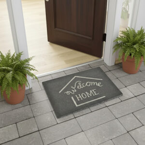 Grey welcome home doormat placed at open door with potted ferns