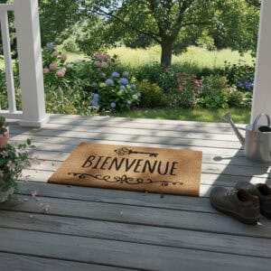 Bienvenue coir doormat on outdoor porch with garden view and shoes