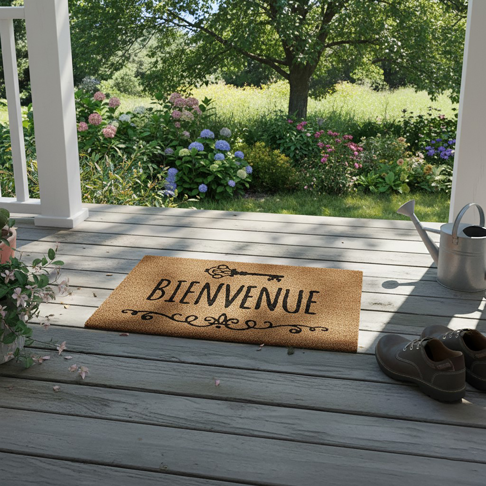 Bienvenue coir doormat on outdoor porch with garden view and shoes