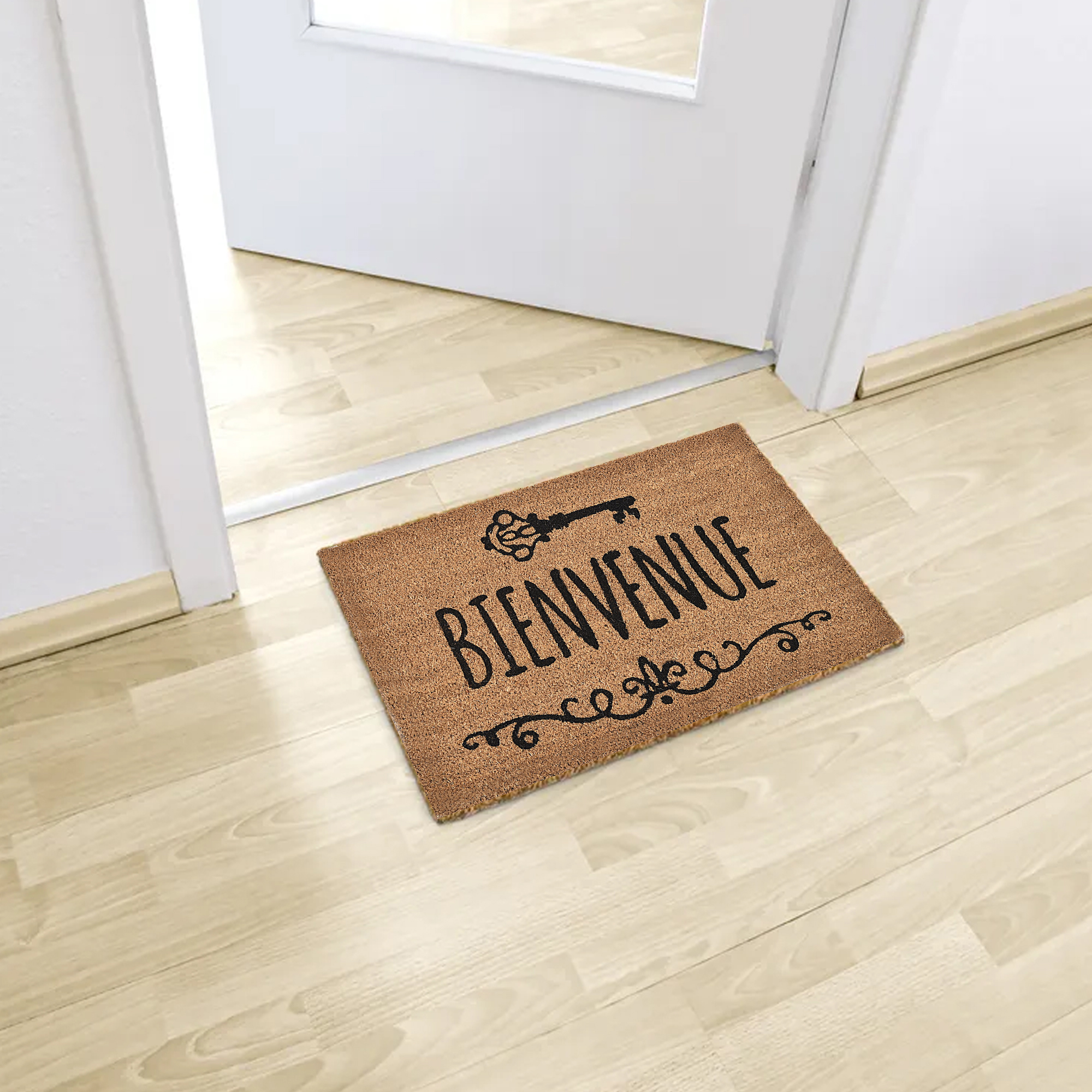 printed coco mat on the floor in front of inside door