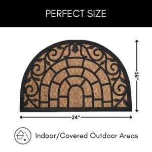 Doormat size chart showing 24x16 inches for indoor or covered outdoor use