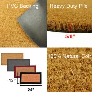 “Coir doormat details showing PVC backing heavy pile and 24x13 size”