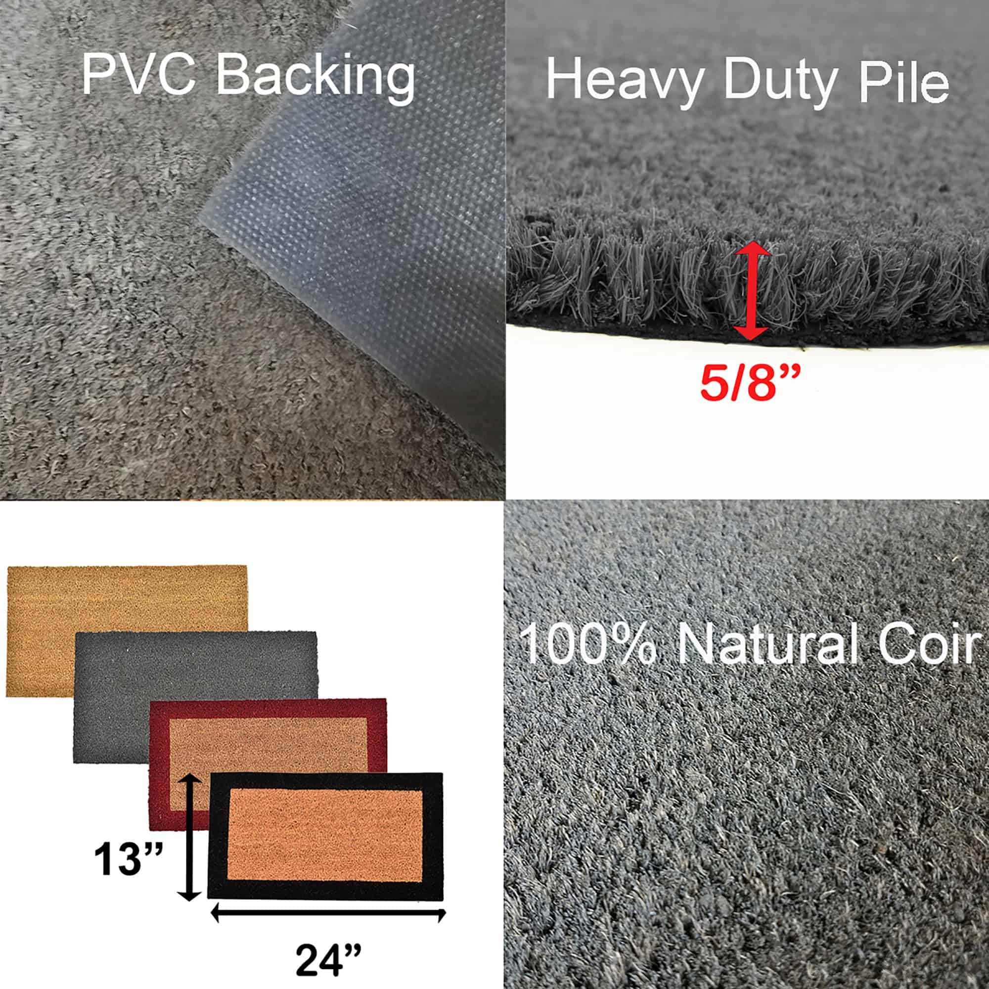 “Grey coir doormat details showing PVC backing heavy pile and 24x13 size”