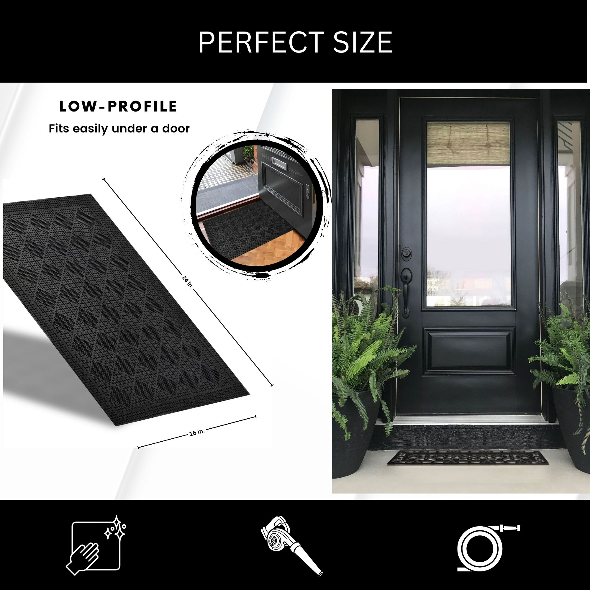 Low-profile black rubber door mat with size dimensions shown