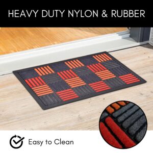 Checkered door mat in front of doorway with close-up of textured nylon fibers