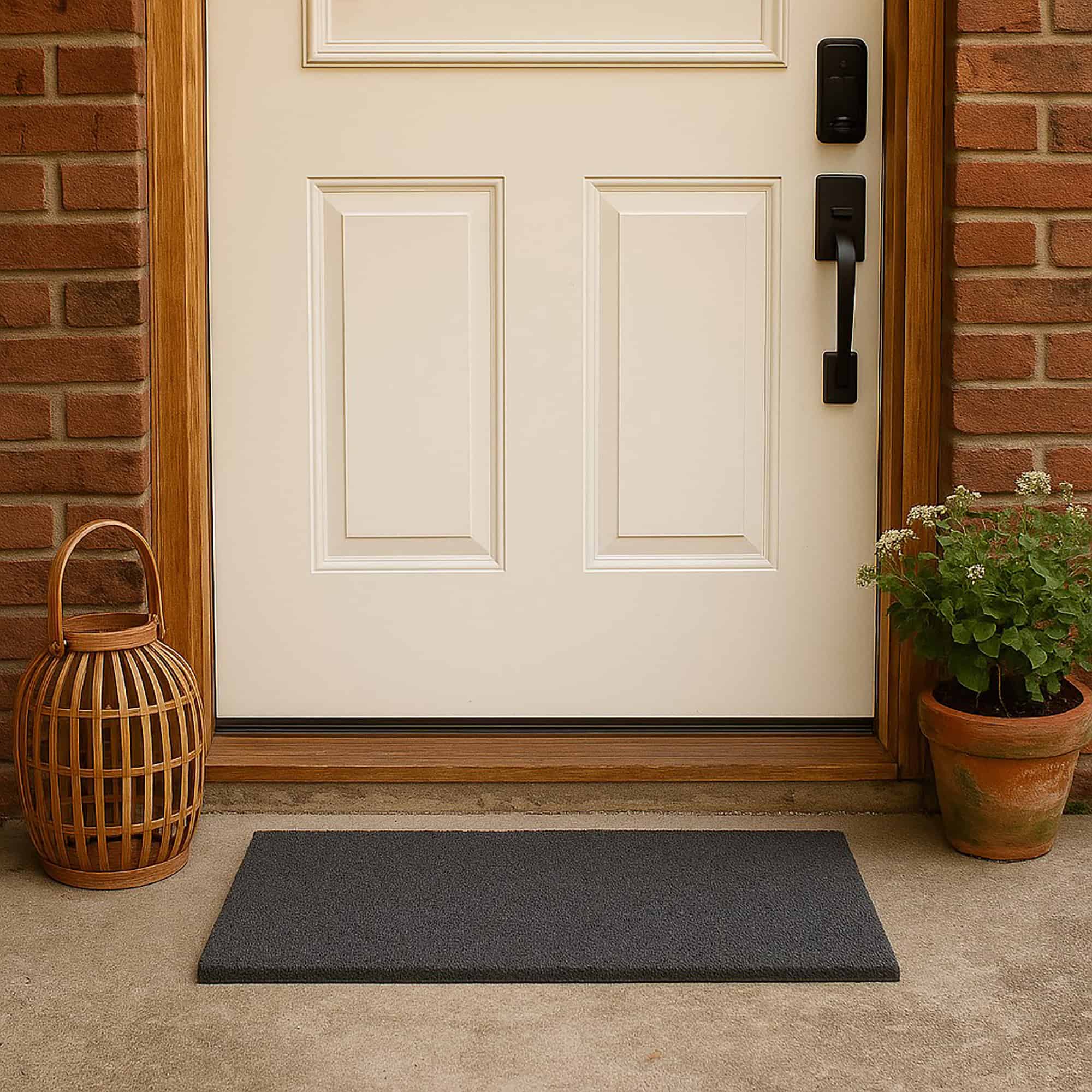 “Grey coir doormat placed at brick entry with lantern and potted plant”