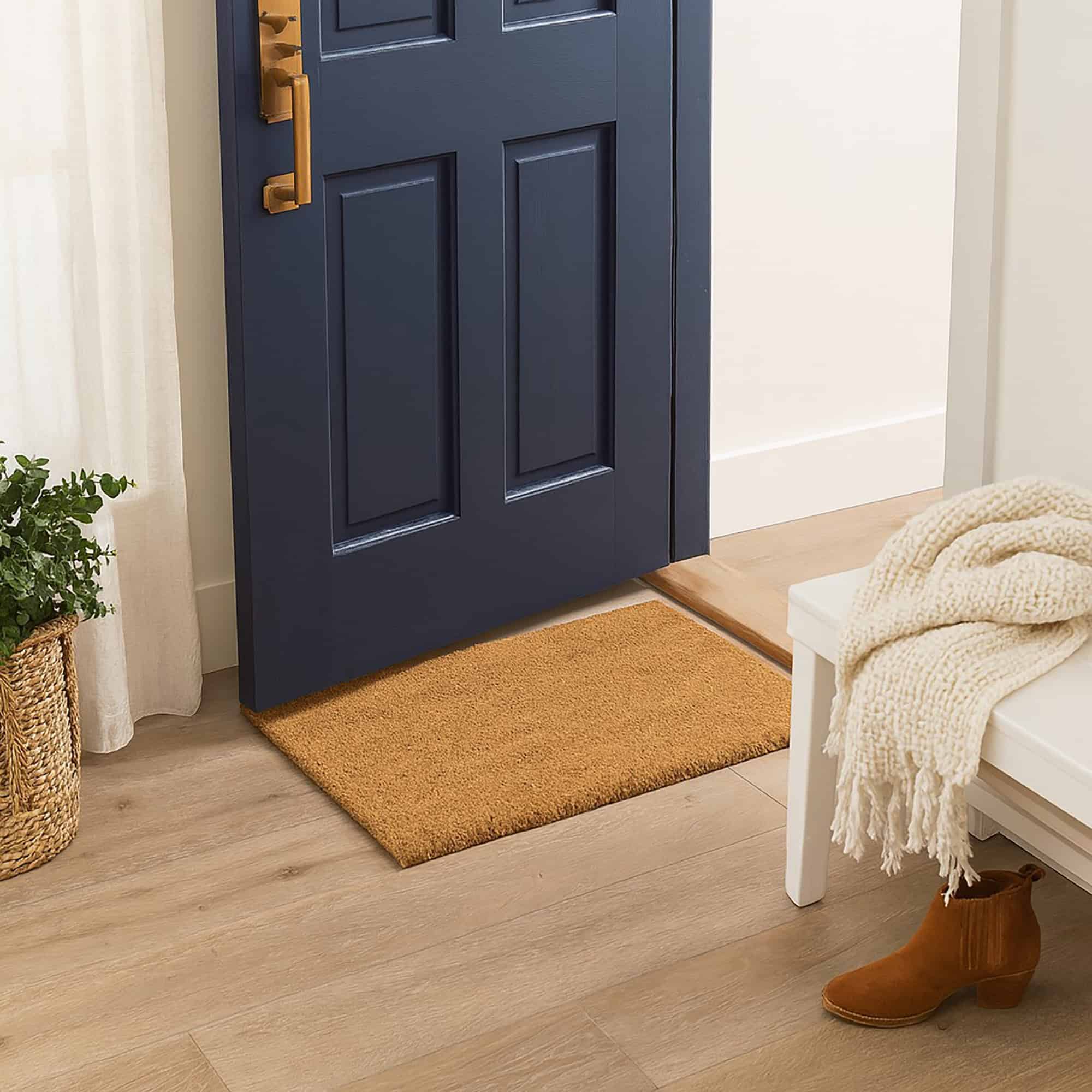 “Indoor coir doormat placed by blue entry door on wood floor”