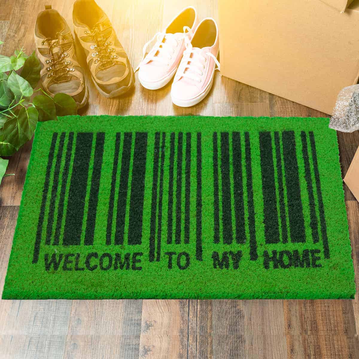 Sheltered Printed Front Door Mat Welcome To My Home Barcode Coir Coco Fibers Rug 24x16 Green Black