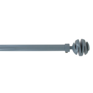 Adjustable blue gray curtain rod extending 50 to 82 inches with spiral ball finial