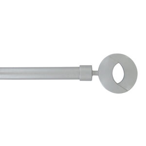 Adjustable 3/4 inch single curtain rod in grey steel with flat circular finial, 50 to 82 inch