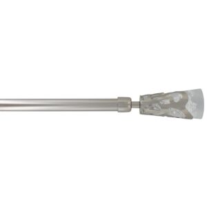 Adjustable 3/4 inch single curtain rod in silver steel with frosted leaf finial, 50 to 82 inch