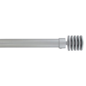 Adjustable matte grey curtain rod with layered disc finials shown full length on white