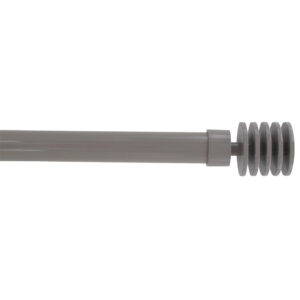 Adjustable taupe curtain rod with layered disc finials shown full length on white