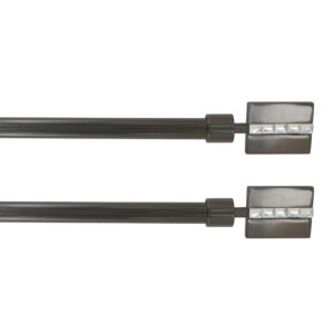 Two graphite adjustable curtain rods with square jeweled finials on a white background